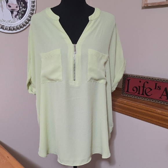Cato Tops - Cato Light Green Zip-Front Blouse